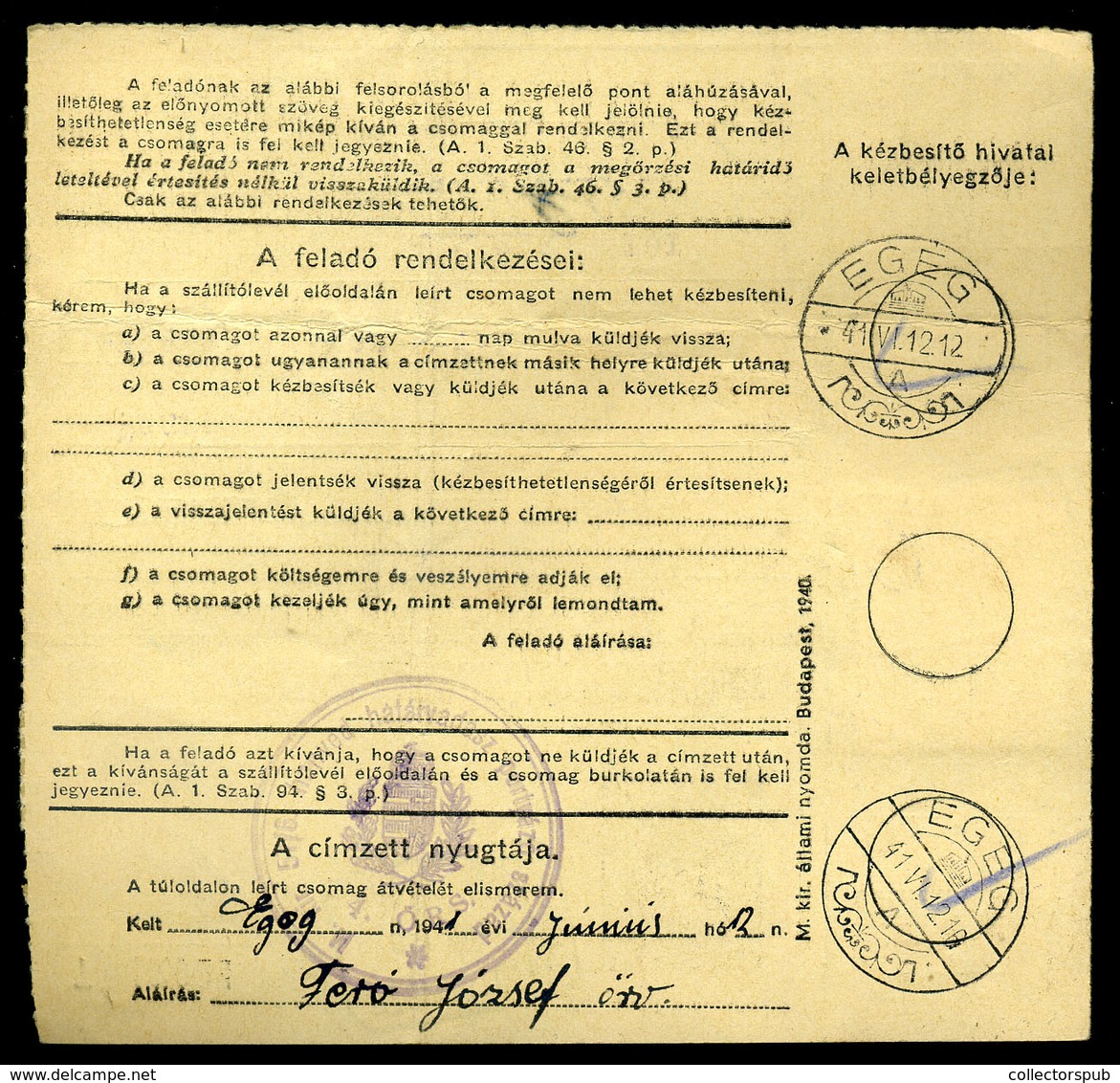 UZOVICSTELEP 1941. Csomagszállító, Postaügynökségi Bélyegzéssel Egegre Küldve, Katonai Alakulathoz - Covers & Documents