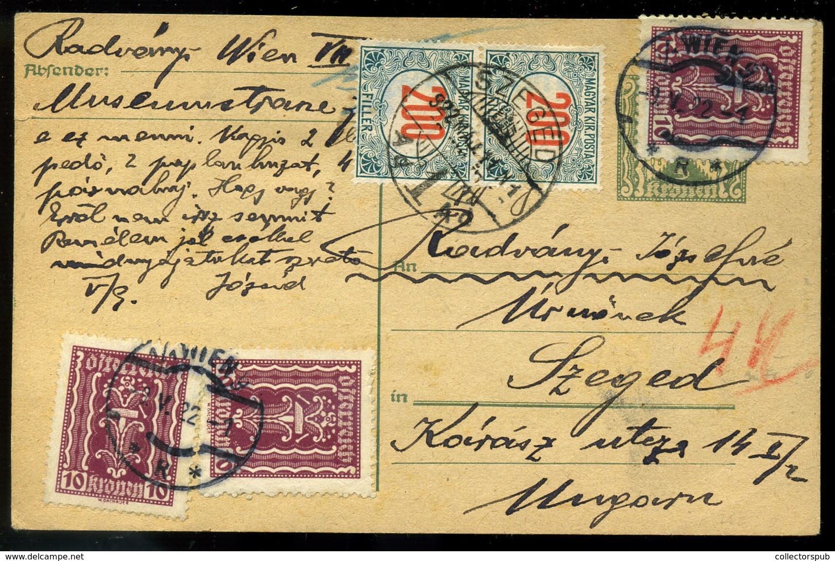 1922. Inflációs Díjjegyes Levlap Szegedre Küldve, Portózva  /  1922 Infla. Stationery P.card To Szeged, Postage Due - Covers & Documents