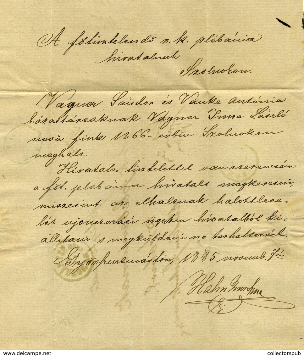 GYŐRSZENTMÁRTON 1885. Szép Hivatalos Levél Szolnokra Küldve - Covers & Documents