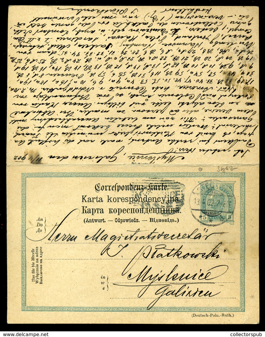 AUSZTRIA 1902. Myslenice, Válaszos, Két Részes Díjjegyes Levlap  /  1902 Myslenice, Reply 2 Part Stationery P.card - Other & Unclassified