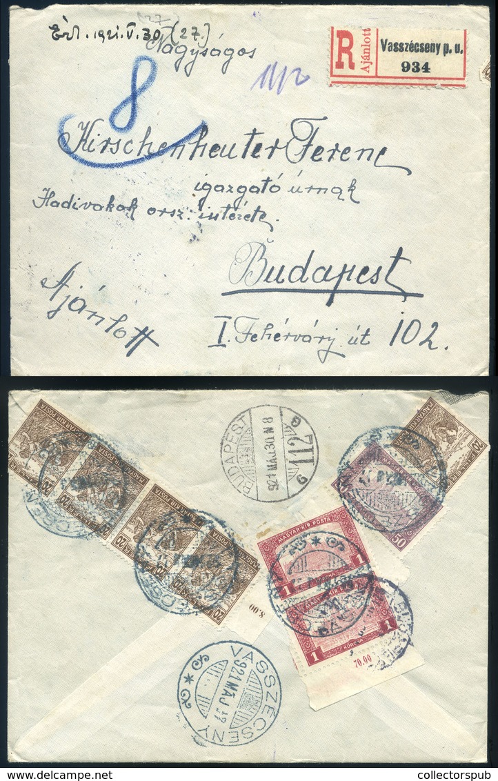 VASSZÉCSÉNY 1921. Ajánlott Levél,kék Bélyegzéssel, Budapestre / 1921 Reg. Letter Blue Pmk To Budapest - Covers & Documents