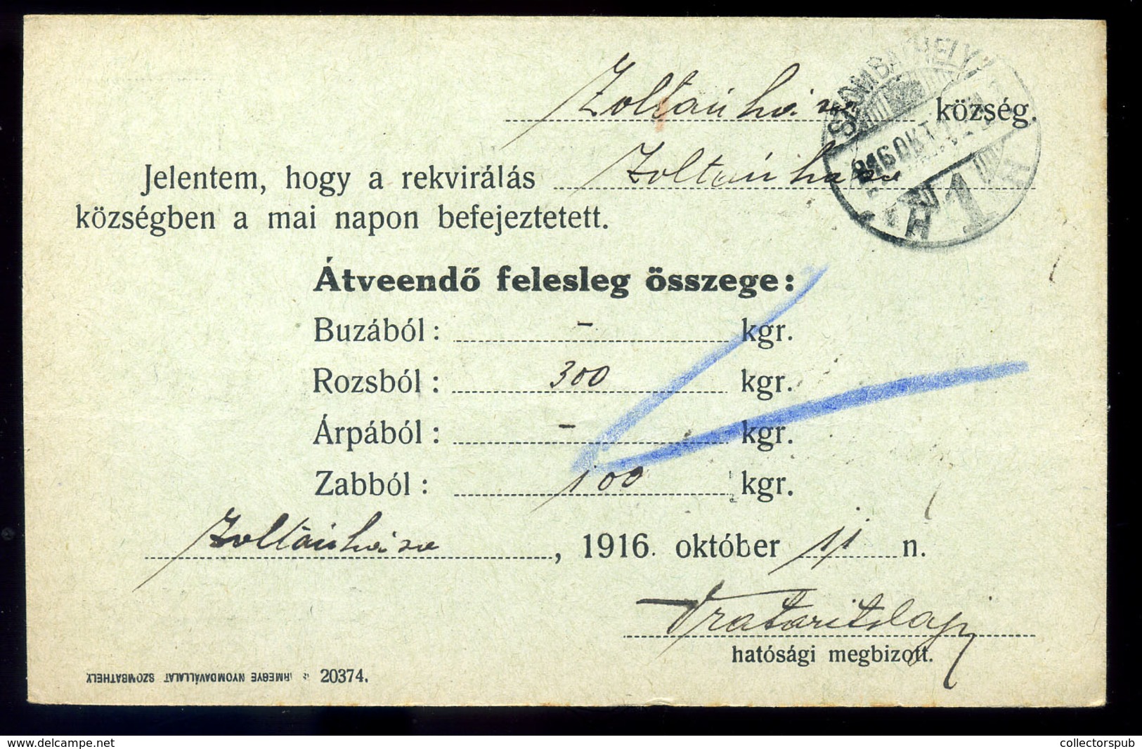 BODÓHEGY / Bodonci. Érdekes  I. VH-s Rekvirálási Levelezőlap Szombathelyre Küldve  /  1916 Interesting WW I Requisition - Slovenia