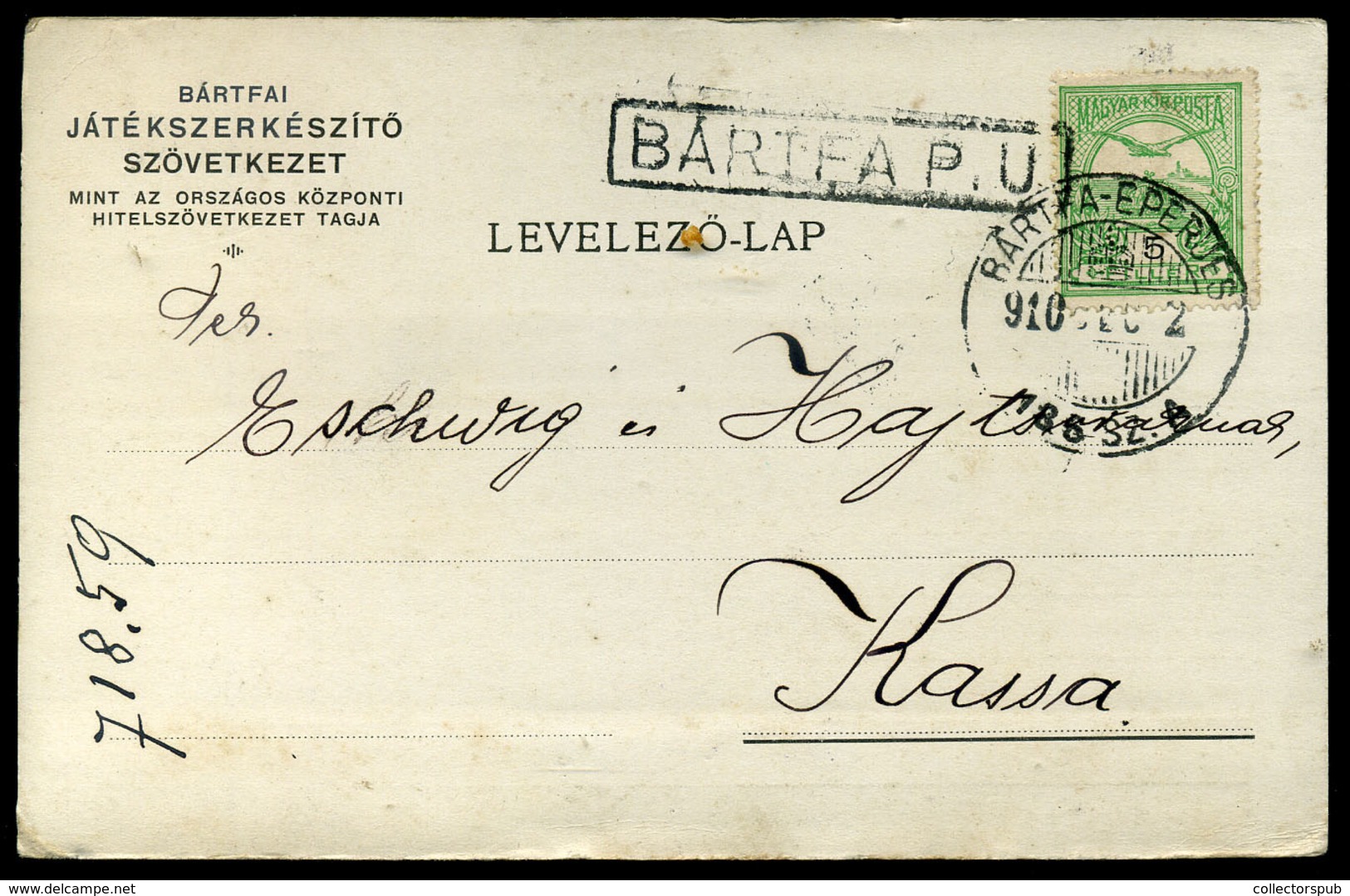 BÁRTFA 1910. Céges Levelezőlap Bártfa-Eperjes Mozgóposta és Szép Pályaudvari Bélyegzéssel - Covers & Documents
