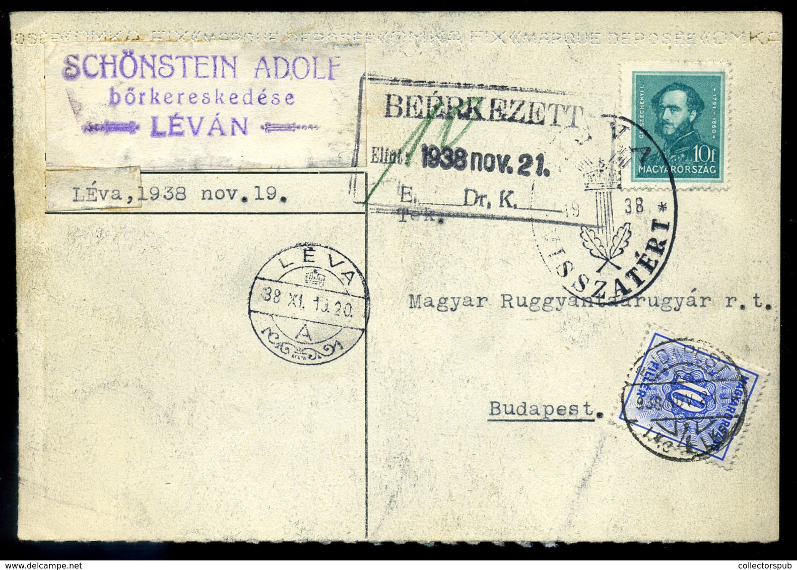 LÉVA 1938. Visszatérés, Céges Levelezőlap , Portózva , Schönstein  /  1938 Military, Corp. P.card, Postage Due, Schönste - Covers & Documents
