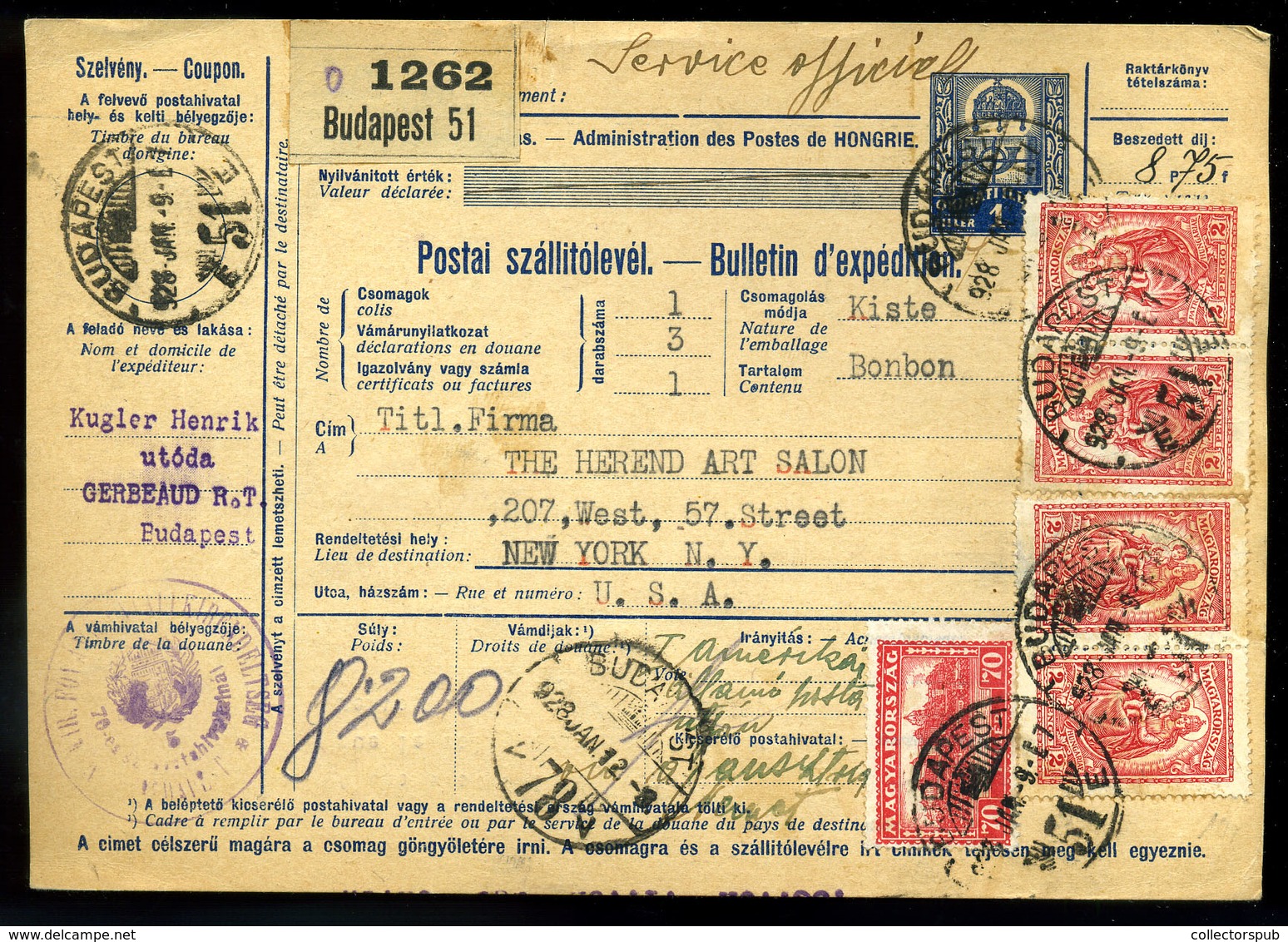 BUDAPEST 1928. Kugler ,Gerbeaud Céges Csomagszállító New Yorkba Küldve - Covers & Documents