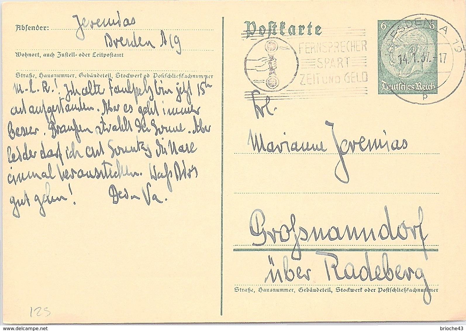 ALLEMAGNE - CP ENTIER POSTAL DRESDEN A 14.1.37 / 1-125 - Sonstige & Ohne Zuordnung