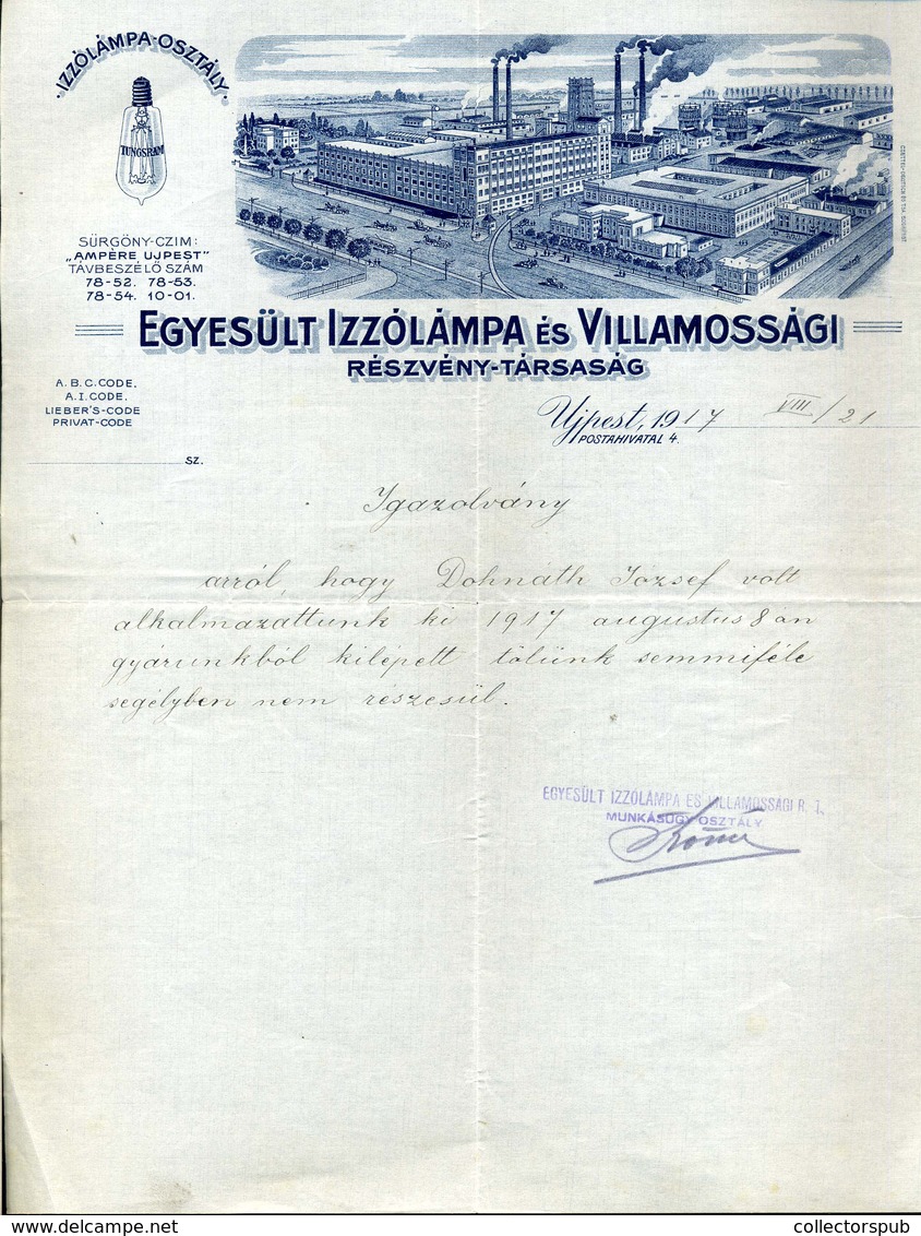 Egyesült Izzólámpa és Villamossági Rt. Céges, Fejléces Levél , Újpest 1917. - Unclassified