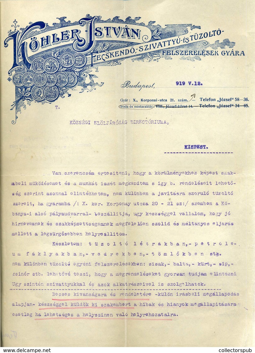 Köhler István Tűzoltó Felszerelések Gyára, Céges, Fejléces Levél ,Budapest 1919. (Tanácsköztársaság, érdekes!) - Non Classificati