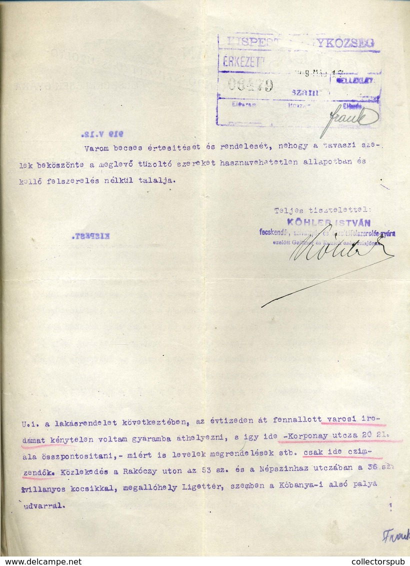 Köhler István Tűzoltó Felszerelések Gyára, Céges, Fejléces Levél ,Budapest 1919. (Tanácsköztársaság, érdekes!) - Non Classificati