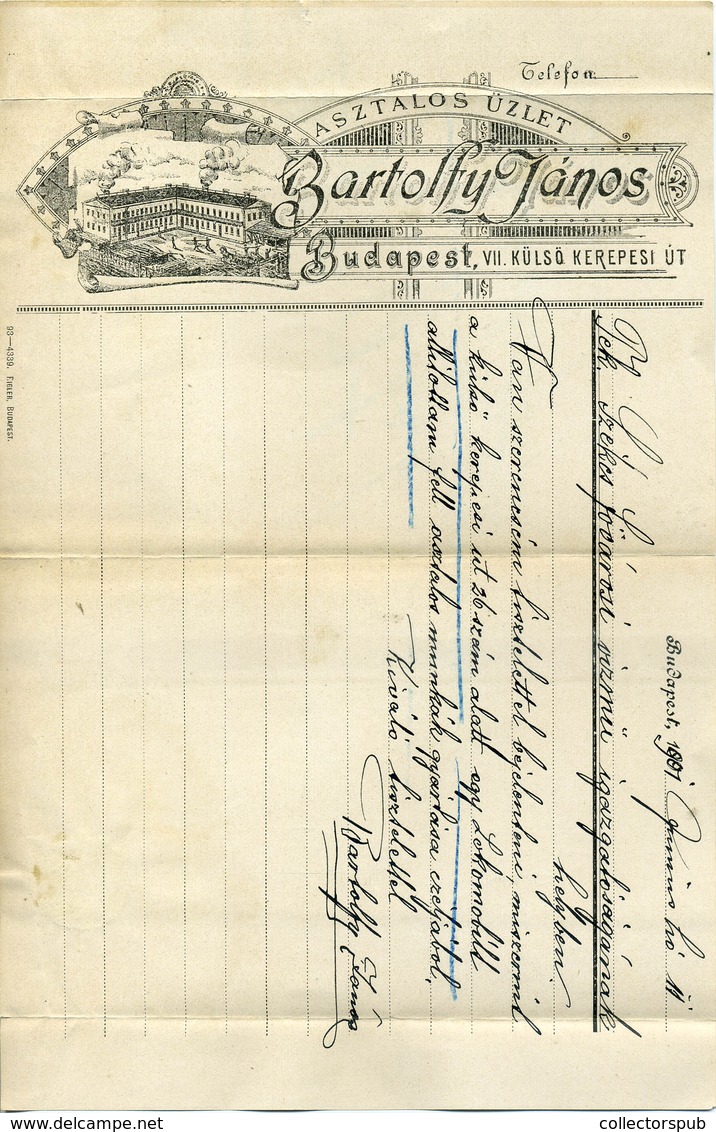 Bartolfy János Asztalos üzlet, Fejléces, Céges Levél Budapest 1901. - Unclassified