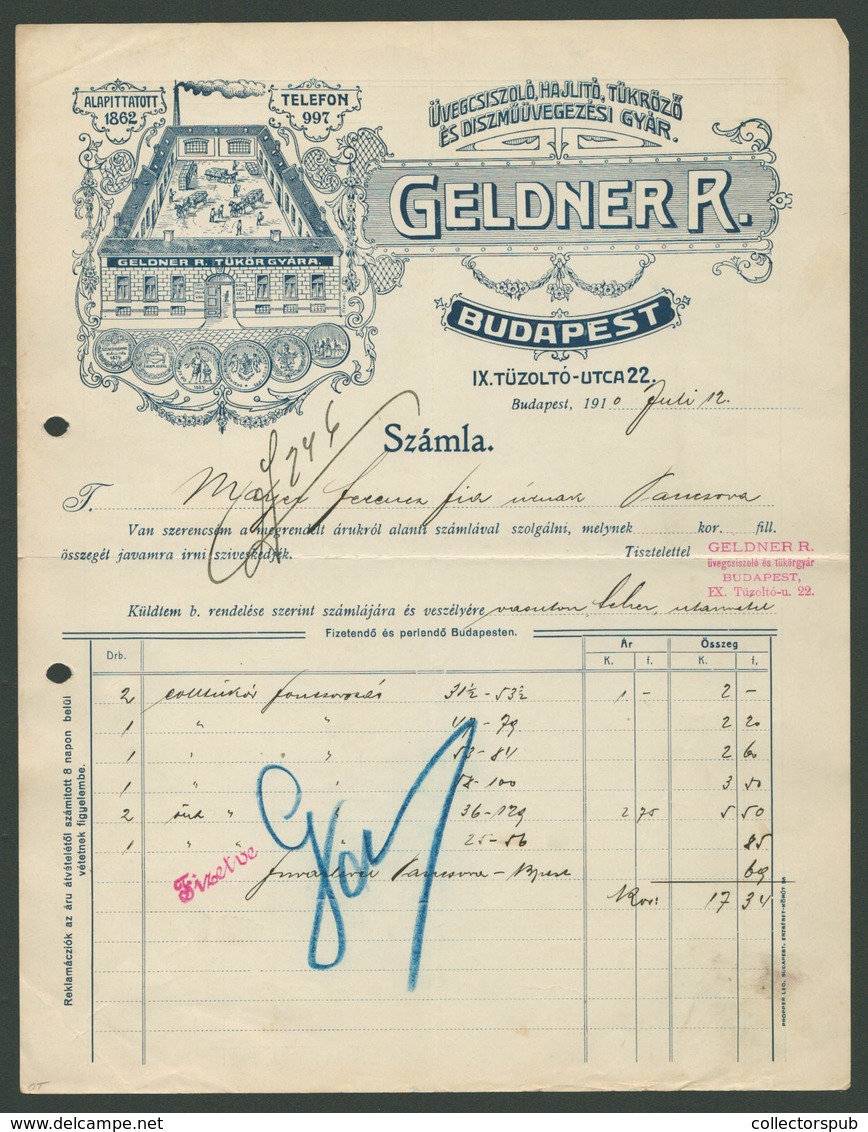BUDAPEST 1910. GELDNER R. Üvegcsiszoló,hajlító és Díszműüvegezési Gyár, Fejléces Céges Számla - Unclassified