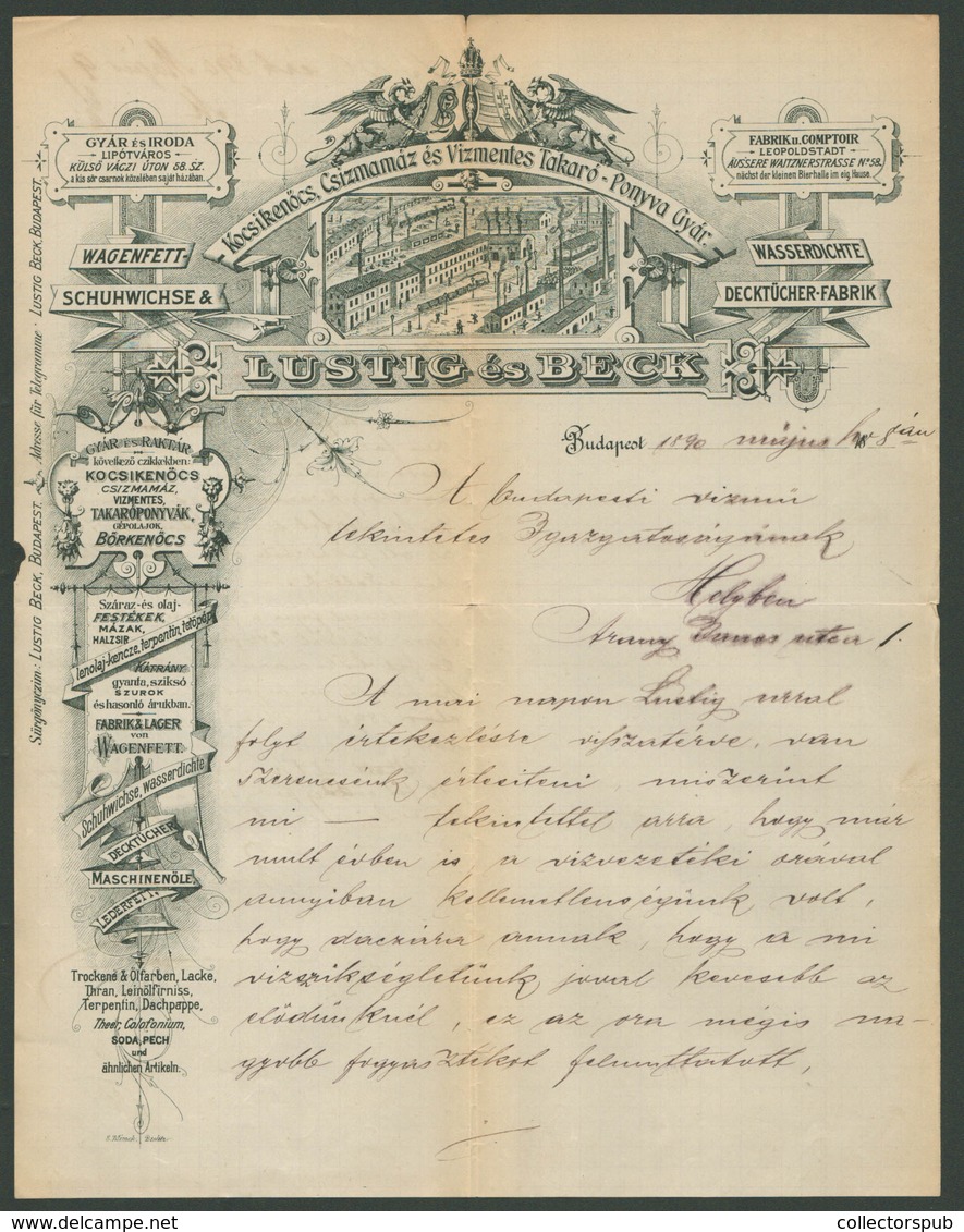 BUDAPEST 1890. Lustig és Beck,Kocsikenőcs,Csizmamáz és Vízmente Takaró Gyár, Fejléces,céges Levél - Unclassified