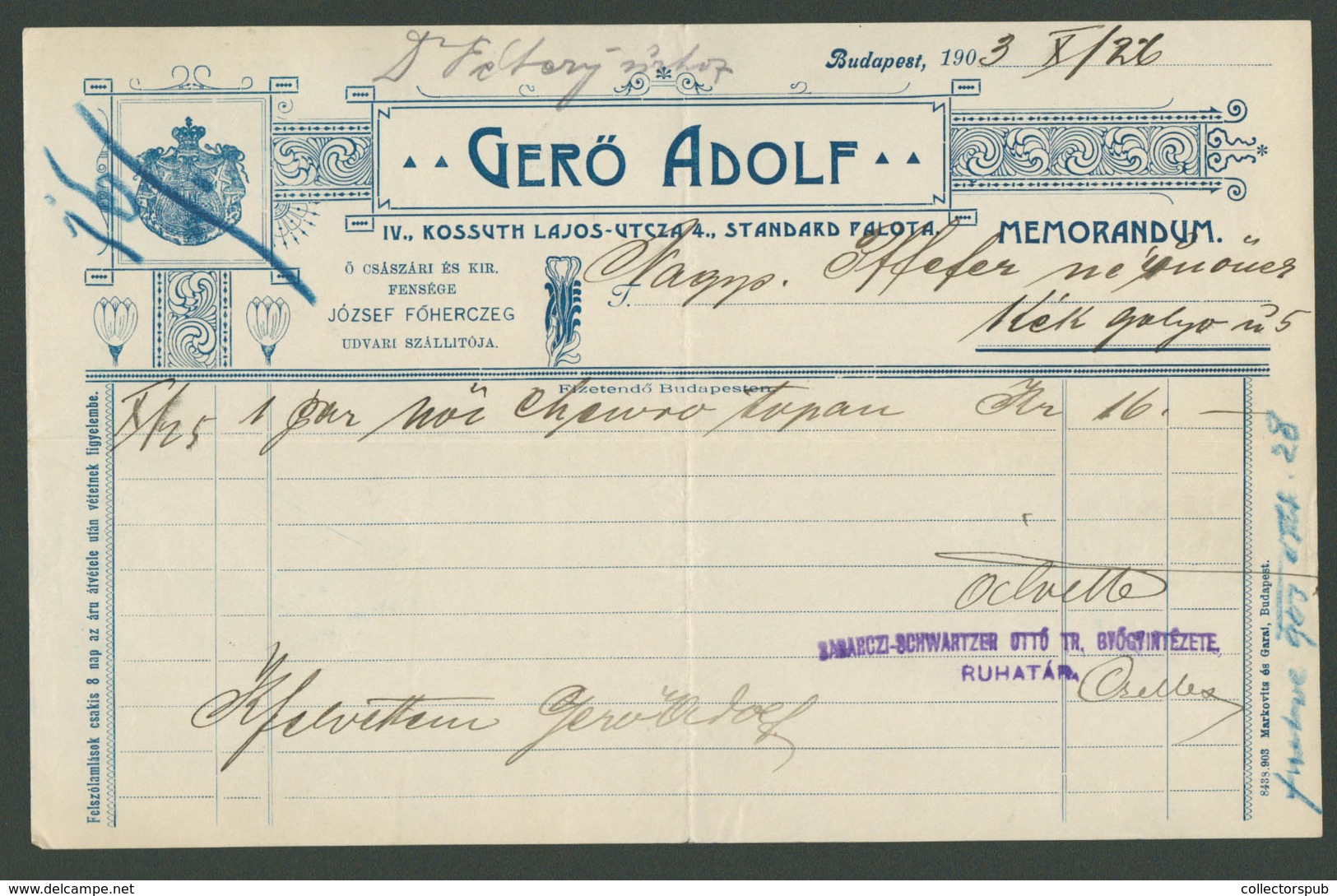 BUDAPEST 1903. Gerő Adolf, Udvari Szállító, Fejléces,céges Számla - Unclassified