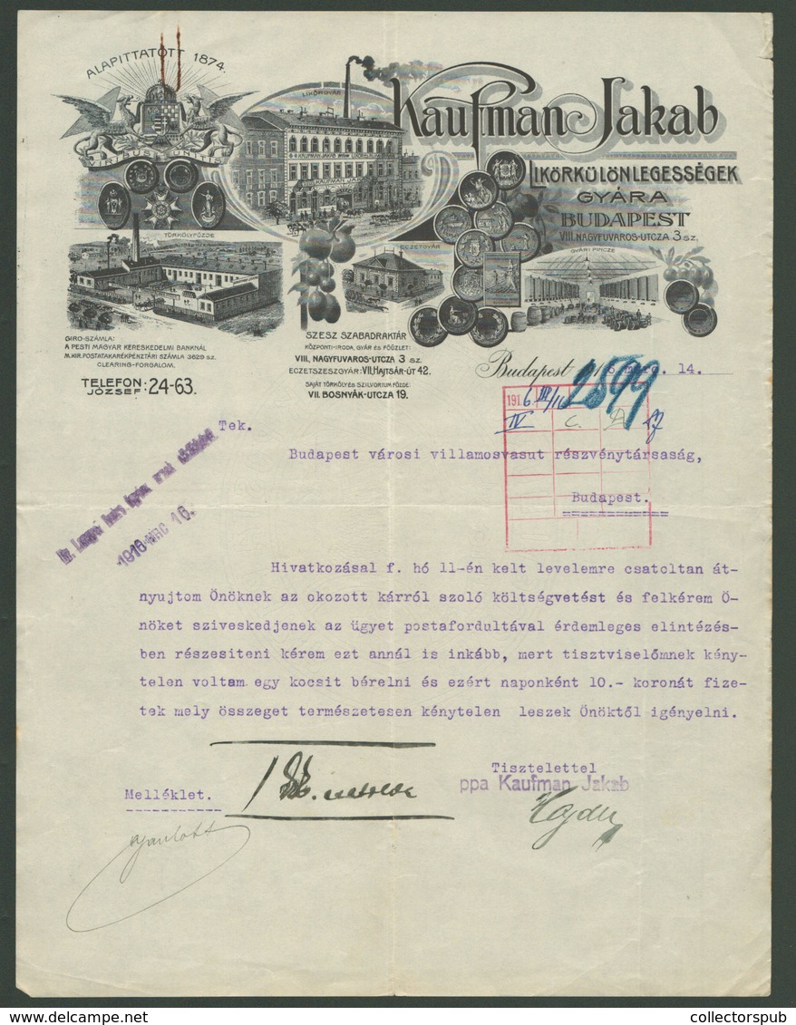 BUDAPEST 1916. Kaufman Jakab Likörkülönlegességek, Fejléces,céges Levél - Unclassified