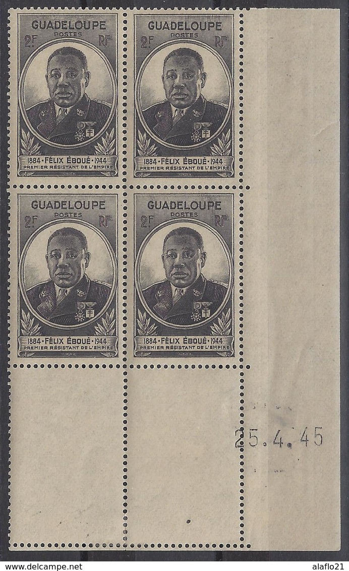 GUADELOUPE - N° 176 - EBOUE - BLOC De 4 COIN DATE - NEUF SANS CHARNIERE - 1945 Gouverneur-Général Félix Éboué