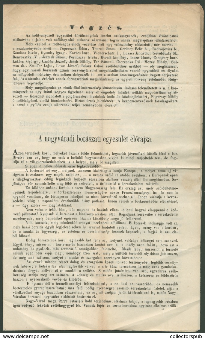 NAGYVÁRAD 1857. A Nagyváradi Borászati Egyesület Megalakulása, érdekes 4 Oldalas Dokumentum - Altri & Non Classificati