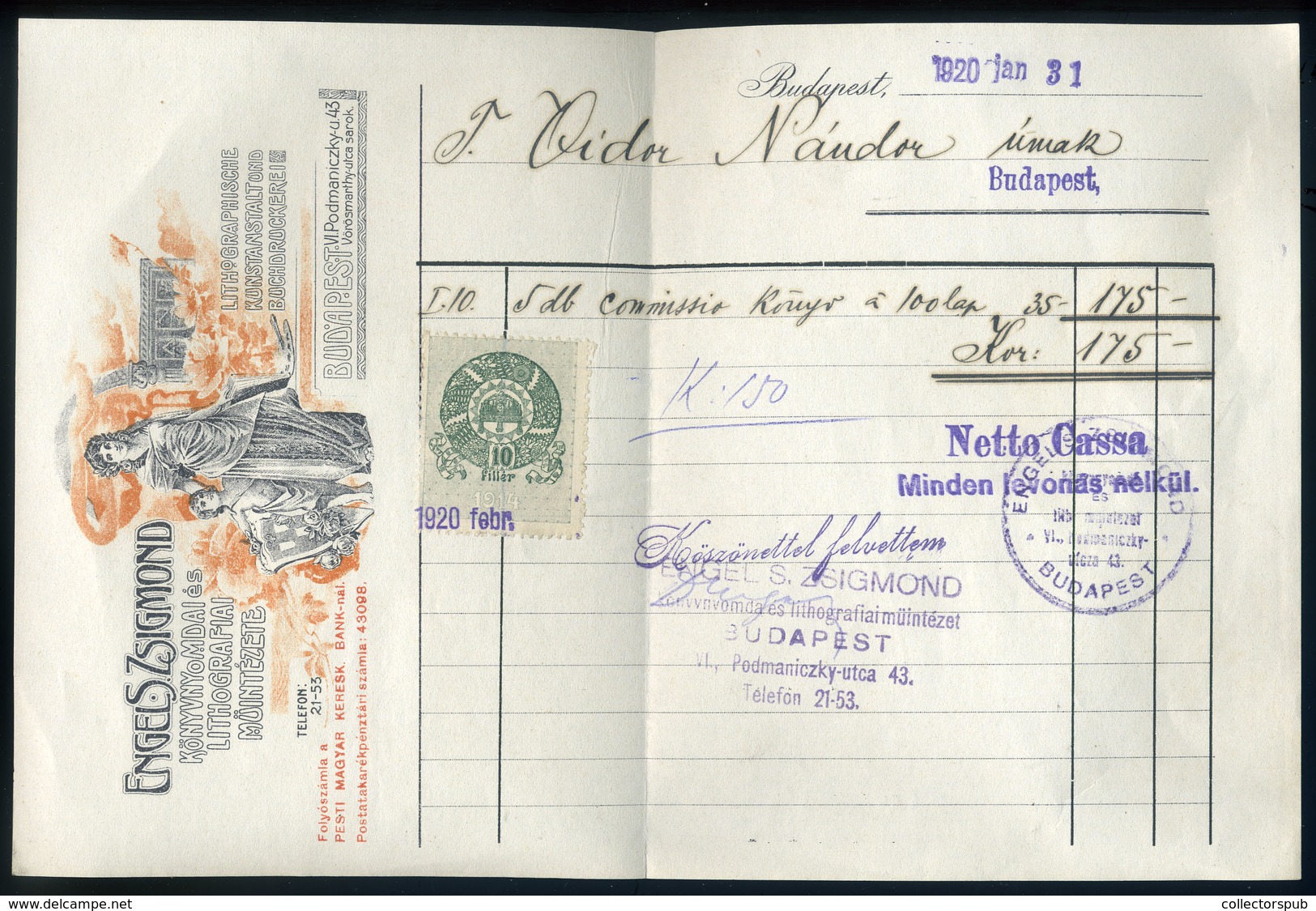 BUDAPEST 1920. Engel Zsigmond Könyvnyomda, Fejléces Céges Számla - Unclassified
