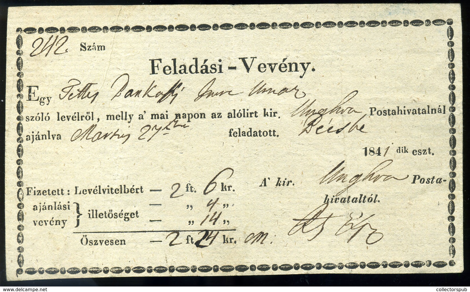 UNGVÁR 1841. Feladási Vevény Bécsbe Küldött Magas Bérmentesítésű Levélről. R! - ...-1850 Vorphilatelie