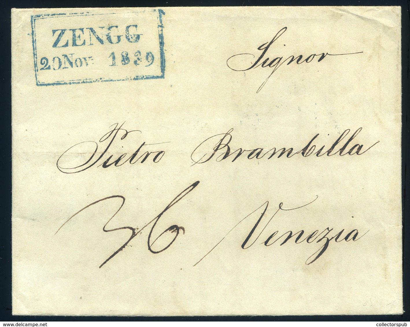ZENGG 1839. Szép, Portós Levél, Tartalommal Kék Bélyegzéssel Velencébe Küldve  /  1839 Nice Unpaid Letter Cont. Blue Pmk - Croatia