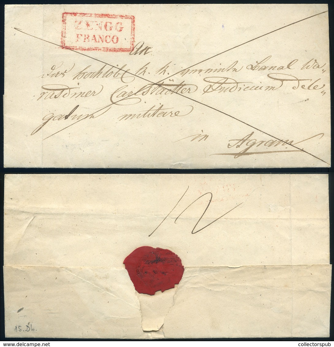 ZENGG 1841. Portós Levél , Piros, Keretes "ZENGG FRANCO" Bélyegzéssel Zágrábba Küldve  /  1841 Unpaid Letter, Red Framed - ...-1867 Vorphilatelie