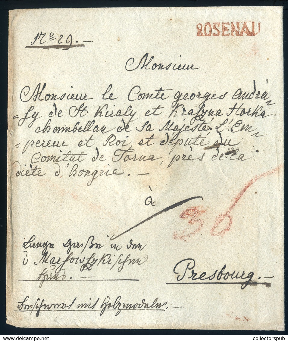 ROZSNYÓ / ROSENAU  1826. Cca. Portós Levél, Piros Bélyegzéssel Pozsonyba Küldve (G:600) Szép!  /  Ca 1826 Unpaid Letter  - ...-1867 Vorphilatelie