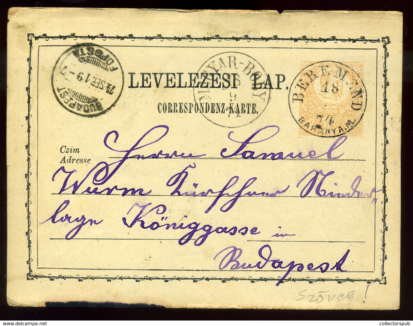 BEREMEND 1874. Judaica. 2kr -os Díjjegyes Levlap, Héber Szöveggel Budapestre Küldve  /  1874 Judaica 2kr Stationery P.ca - Used Stamps