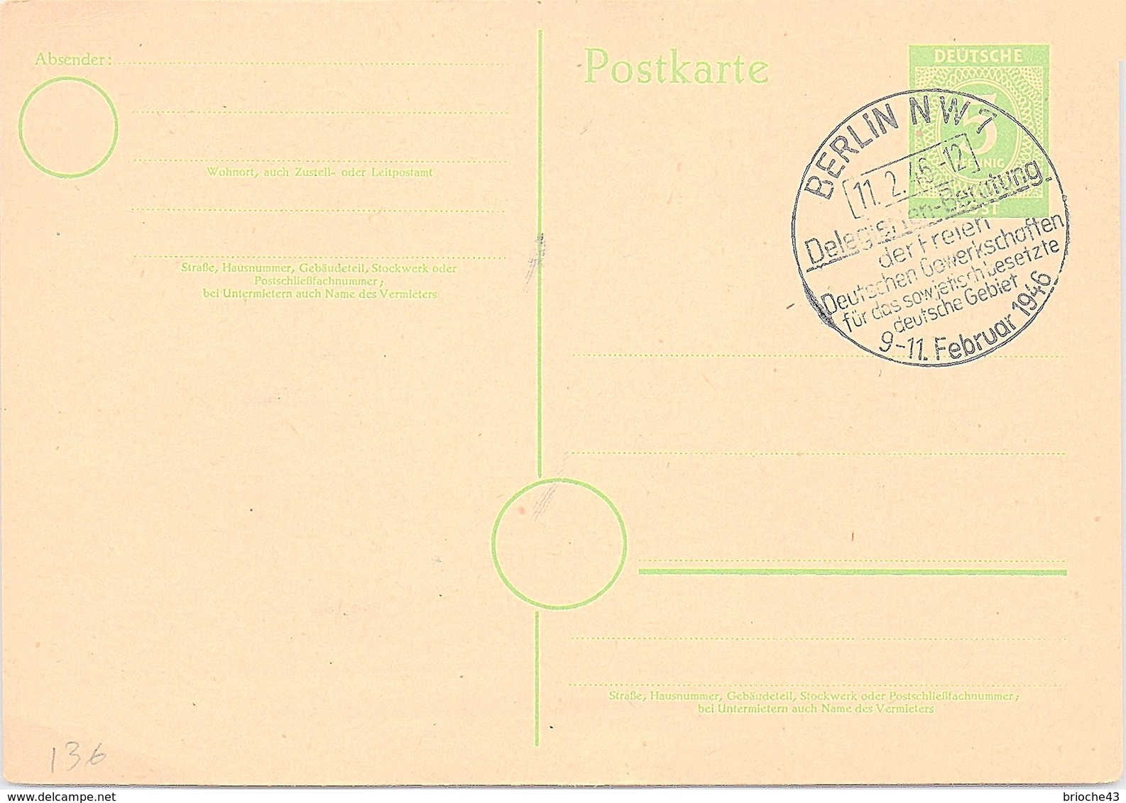 ALLEMAGNE  - CP ENTIER POSTAL BERLIN NW7 11.2.1946  / 1-136 - Otros & Sin Clasificación