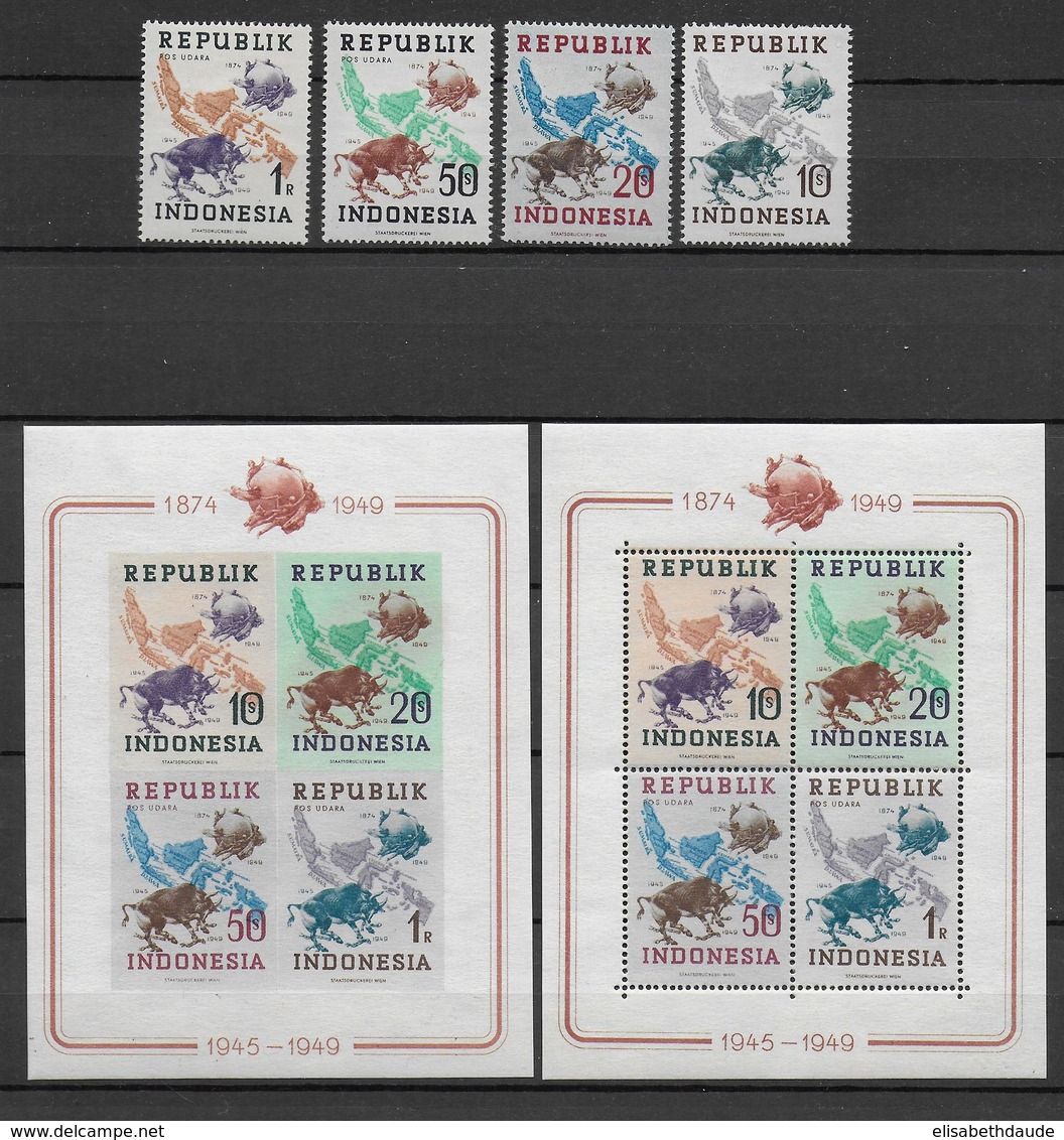 75 ANS UPU - INDONESIA - 1949 - MICHEL N° 179/182 + BL 1 A/B ** MNH - EMISSIONS LOCALES - Indonésie