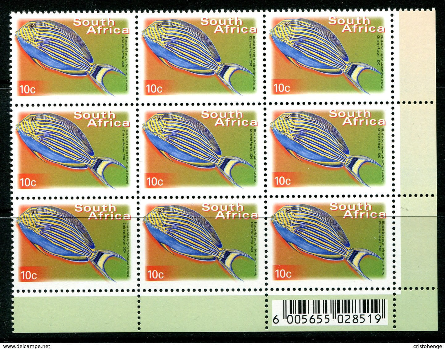 South Africa 2001-10 Flora & Fauna - Cartor Print - 10c Clown Surgeonfish - Block Of 9 MNH (SG 1269) - Neufs