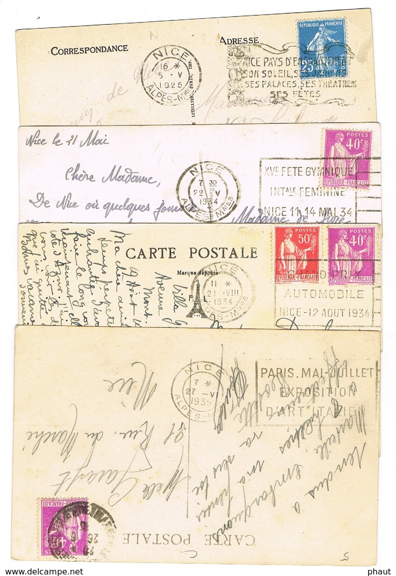 QUATRE FLIER DIFFERENTS DE NICE SUR CPA - Mechanical Postmarks (Advertisement)