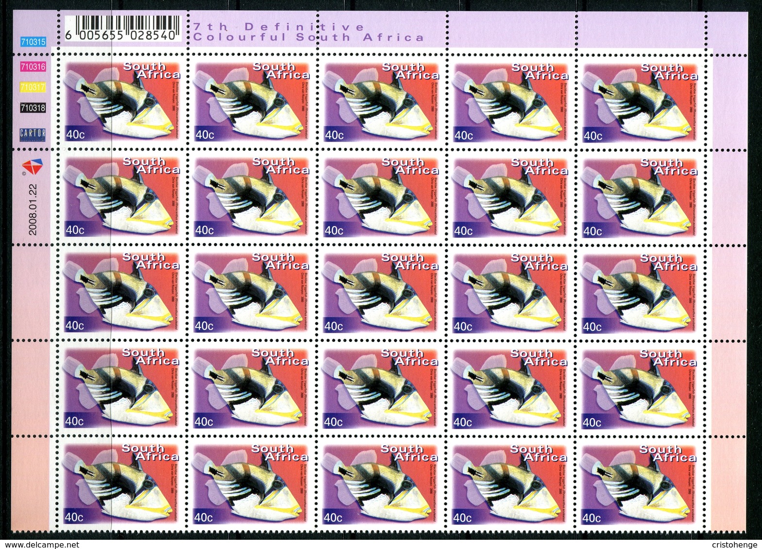 South Africa 2001-10 Flora & Fauna - Cartor Print - 40c Picasso Triggerfish - Half Sheet MNH (SG 1272) - Unused Stamps