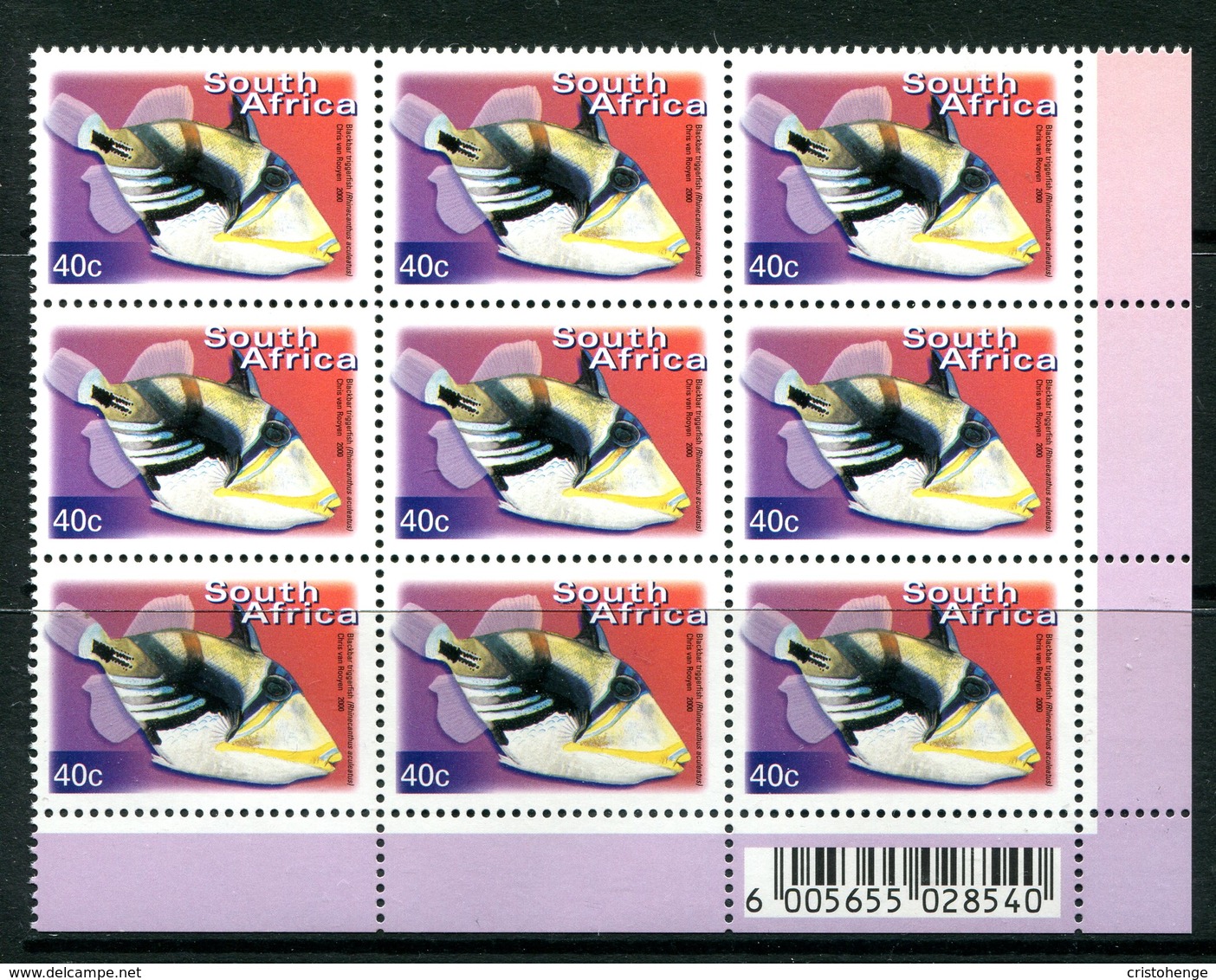 South Africa 2001-10 Flora & Fauna - Cartor Print - 40c Picasso Triggerfish - Block Of 9 MNH (SG 1272) - Ongebruikt