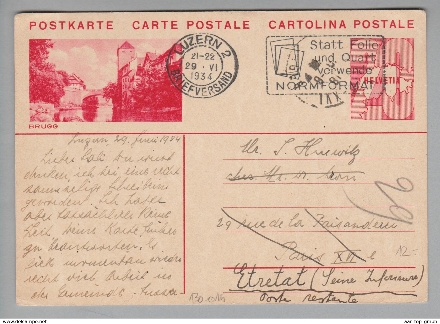 Schweiz Bildpostkarte 1934-06-29 Luzern BKP # 130.015 Brugg - Entiers Postaux