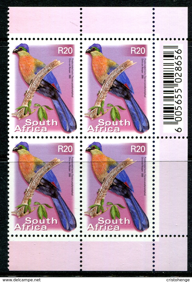 South Africa 2001-10 Flora & Fauna - Cartor Print - 20r Purple-crested Turaco - Block Of 4 MNH (SG 1294) - Neufs