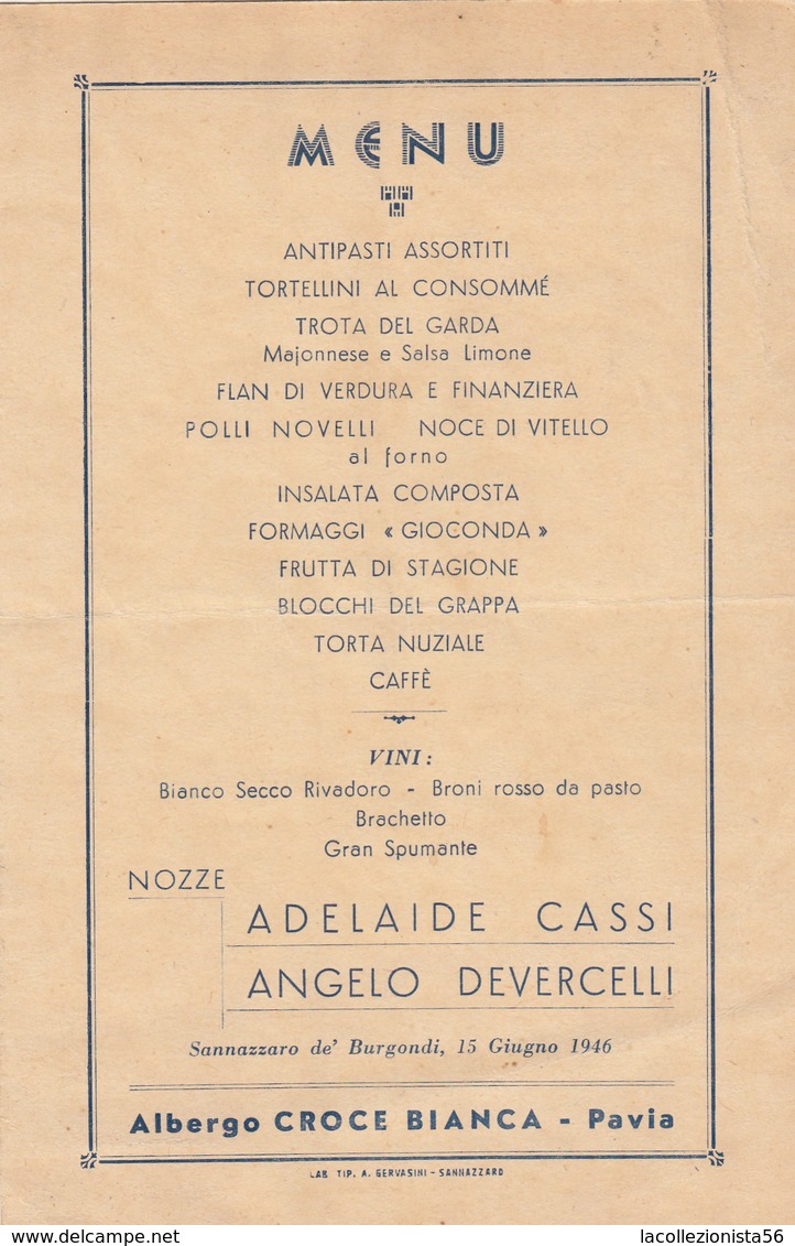 9088-MENU ALBERGO "CROCE BIANCA" DI PAVIA-15 GIUGNO 1946 - Menus