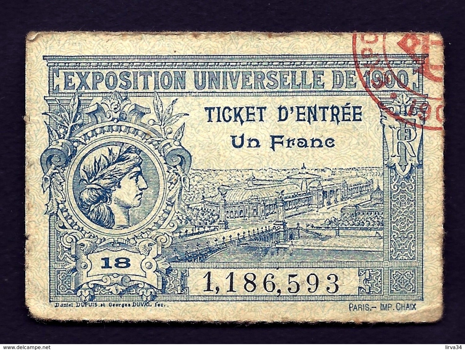 RARE TICKET D'ENTRÉE EXPOSITION UNIVERSELLE DE 1900- 1 FRANC- BON ETAT- 2 SCANS - Tickets D'entrée