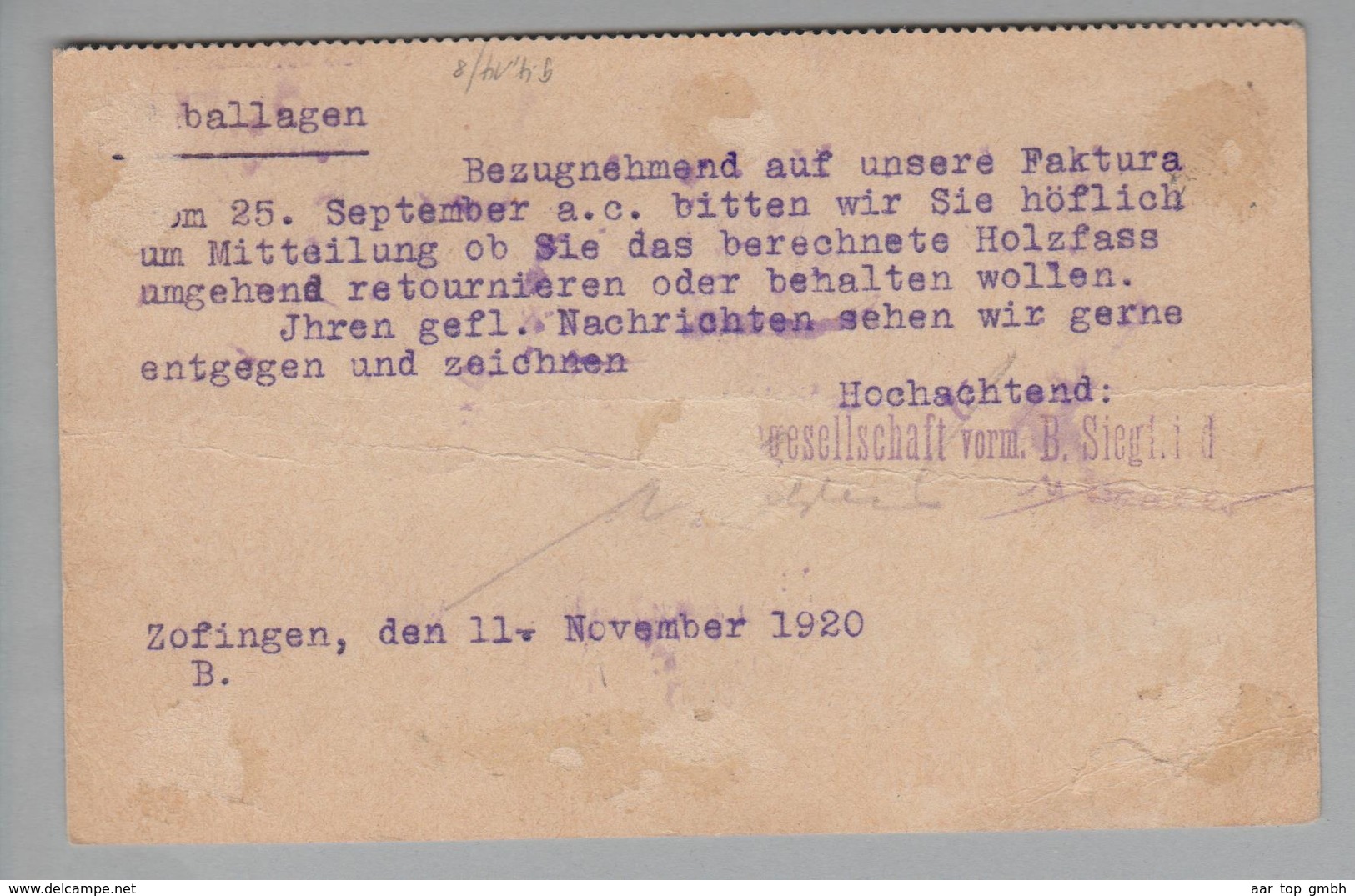 Schweiz 1920-11-11 Corr.karte Mit Perfin # B 052 Nach Frutigen A.-G.vorm.B.Siegfried Zofingen - Lettres & Documents