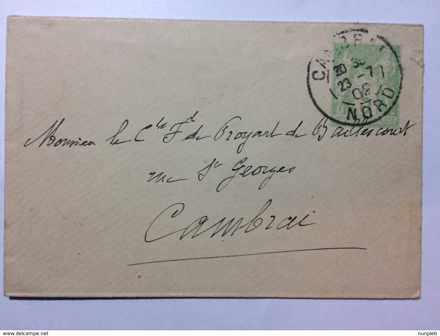 FRANCE 1902 Cover Cambrai Postmark Pre-paid 5 Centimes Green - Covers & Documents