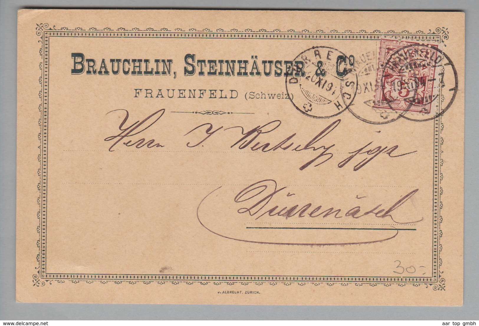 Schweiz Wertziffer 1894-11-15 Corr.karte Mit Perfin # C012 Zu#60B Brauchlin, Steinhäuser &Co.Frauenfeld - Cartas & Documentos