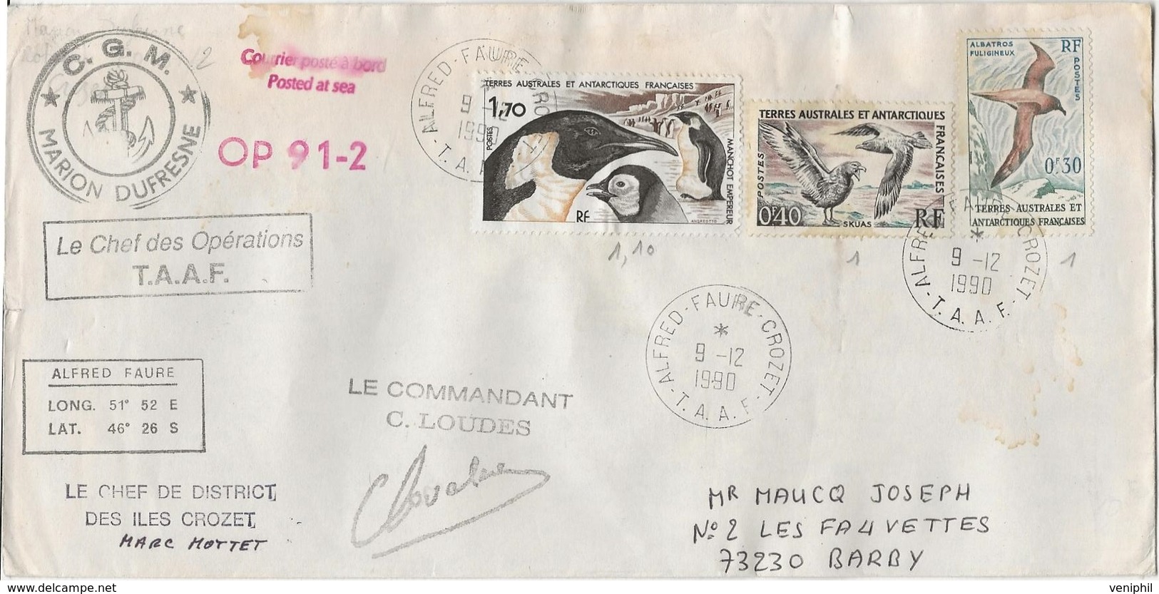 T.A.A.F . LETTRE AFFRANCHIE N° 12-13-ET 109 - OBLITERATIONS DIVERSES -ANNEE 1990 - FDC