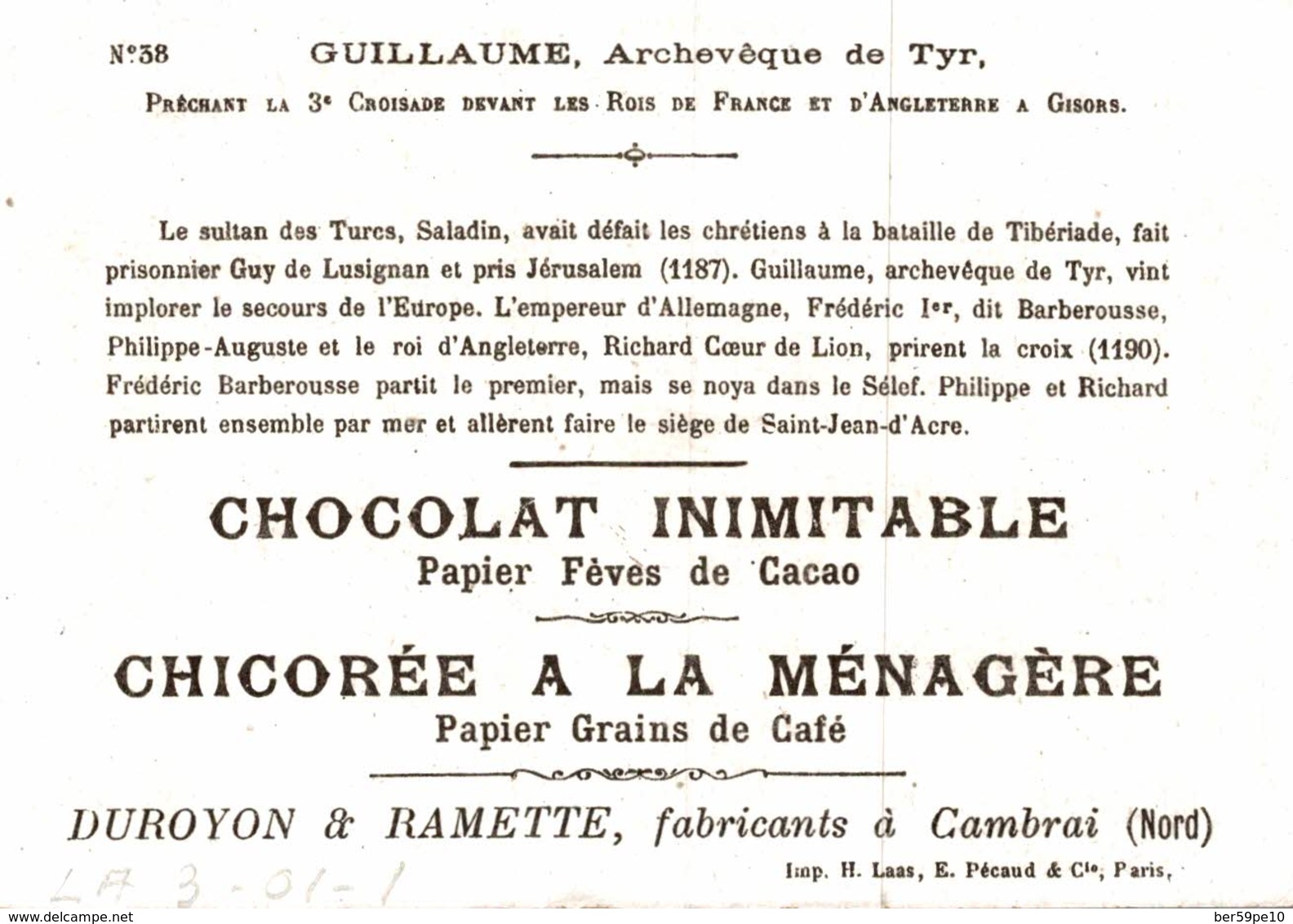 CHROMO CHOCOLAT INIMITABLE DUROYON & RAMETTE GUILLAUME ARCHEVEQUE DE TYR - Duroyon & Ramette
