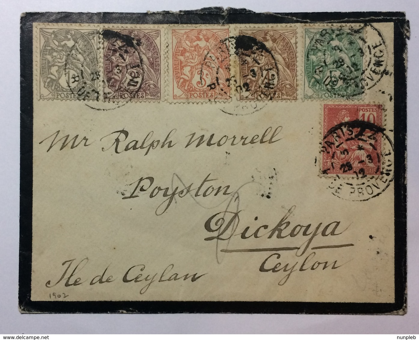 FRANCE - 1902 Mourning Cover Multi-stamped Paris To Dickoya Ceylon - Covers & Documents