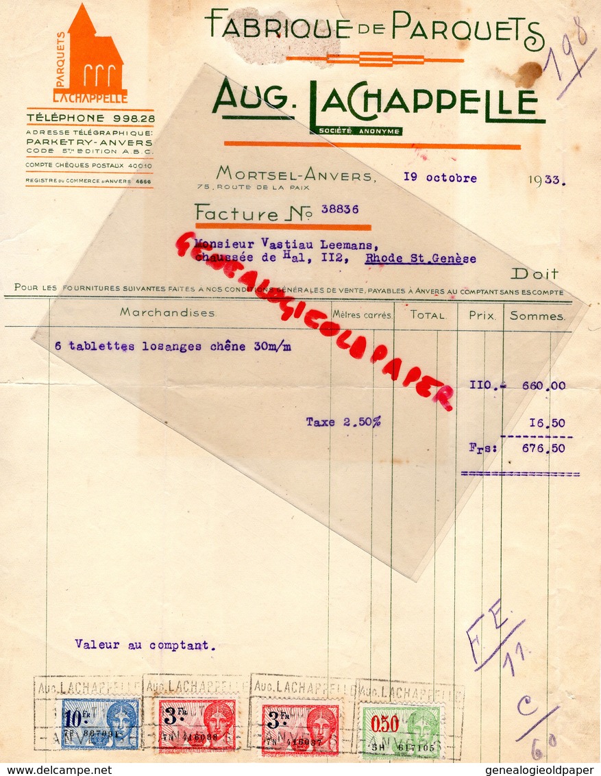 BELGIQUE- MORTSEL ANVERS- RARE FACTURE AUGUSTE LACHAPPELLE-FABRIQUE PARQUETS-75 ROUTE DE LA PAIX-1933 - Straßenhandel Und Kleingewerbe