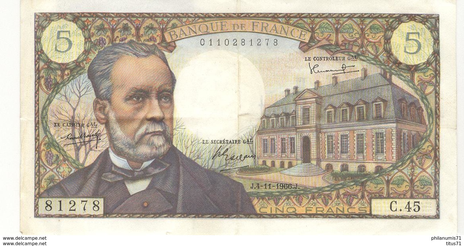 Billet 5 Francs France Pasteur 4.11.1966 - 5 F 1966-1970 ''Pasteur''