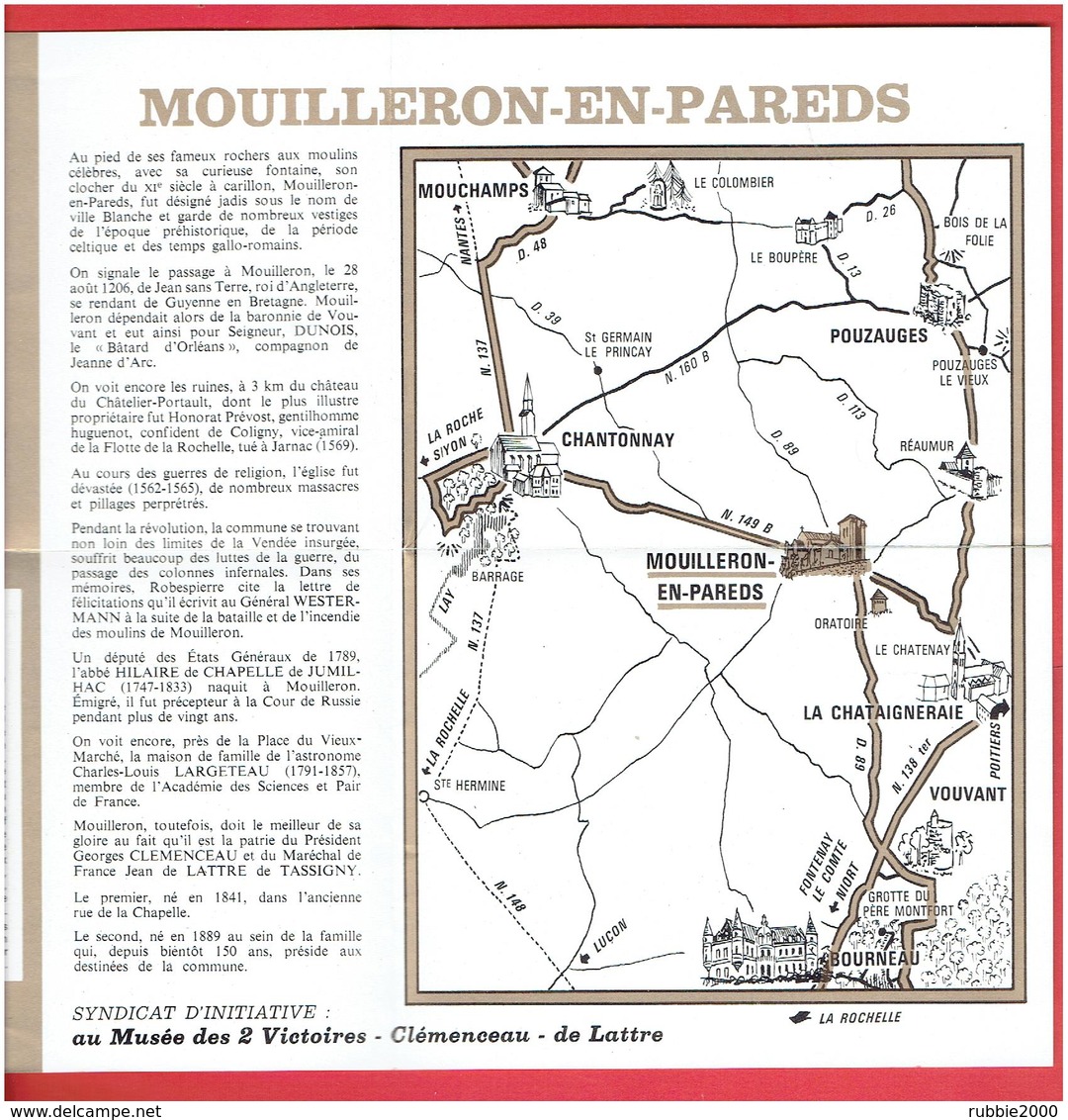 MOUILLERON EN PAREDS PATRIE DE CLEMNCEAU ET DE DE LATTRE DE TASSIGNY DEPLIANT EN TRES BON ETAT - Mouilleron En Pareds