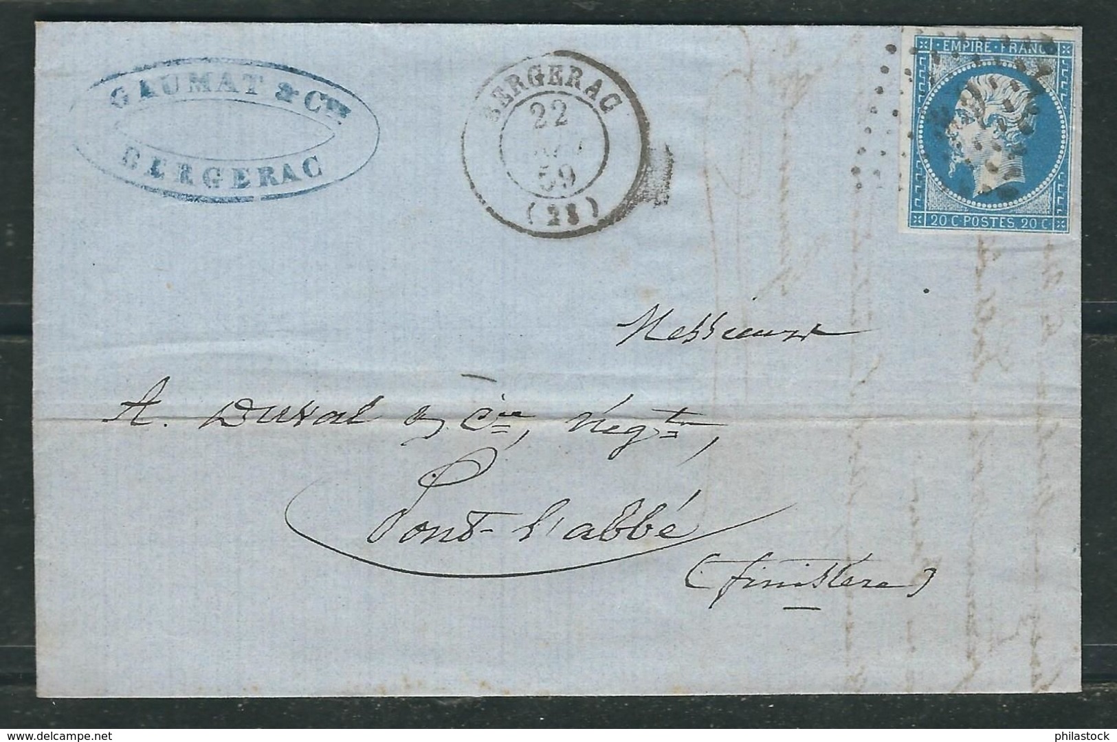 FRANCE 1859 N° 14 S/Lettre Obl. PC 369 Bergerac - 1853-1860 Napoleon III