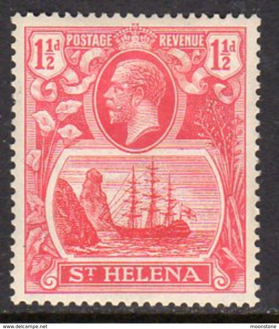 St. Helena GV 1922-37 1½d Rose-red 'Ship & Rock' Definitive, Wmk. Script CA, Hinged Mint, SG 99 - Saint Helena Island