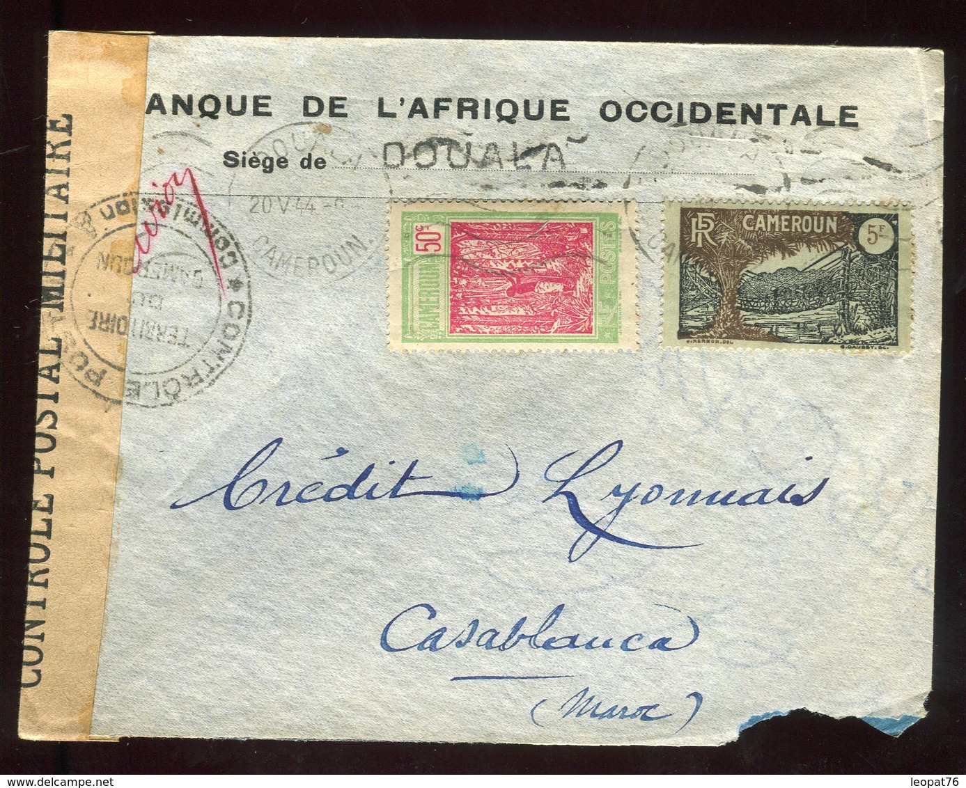 Cameroun - Enveloppe Commerciale De Douala Pour Casablanca En 1944 Avec Contrôle Postal - N228 - Lettres & Documents