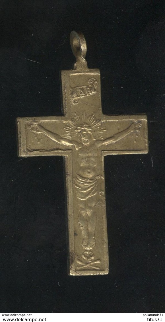 Pendentif " Croix De Mission " - Laiton - Début 19ème - Christ + Arma Christi - Autres & Non Classés