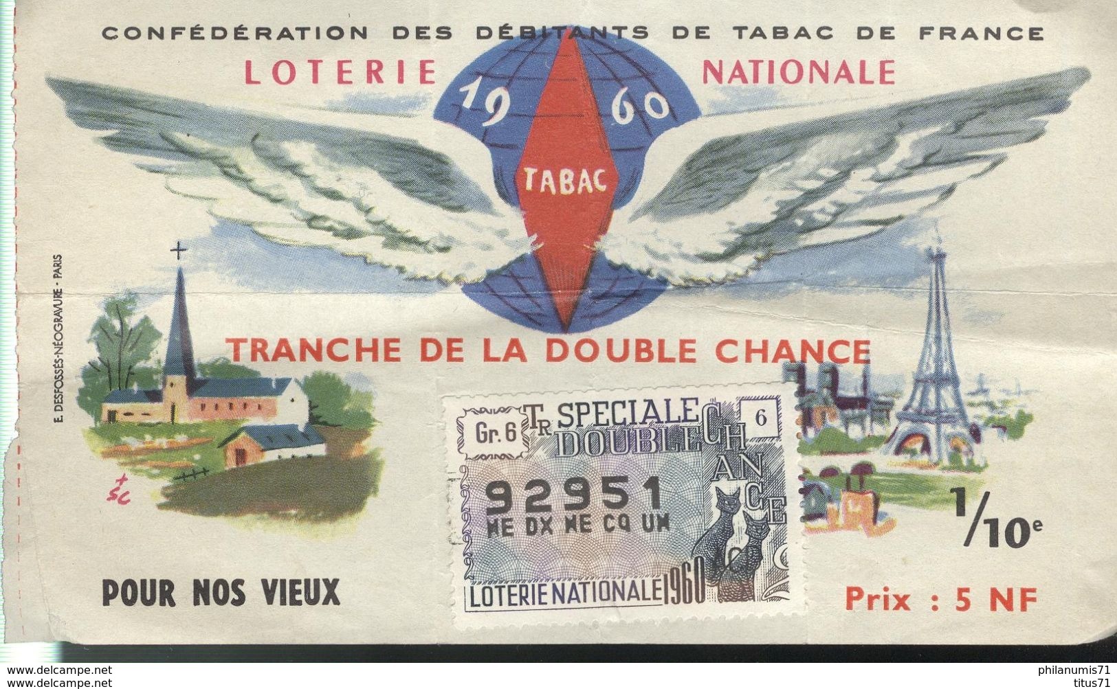 Billet De Loterie - 1/10ème Tranche De La Double Chance - 1960 - Billets De Loterie